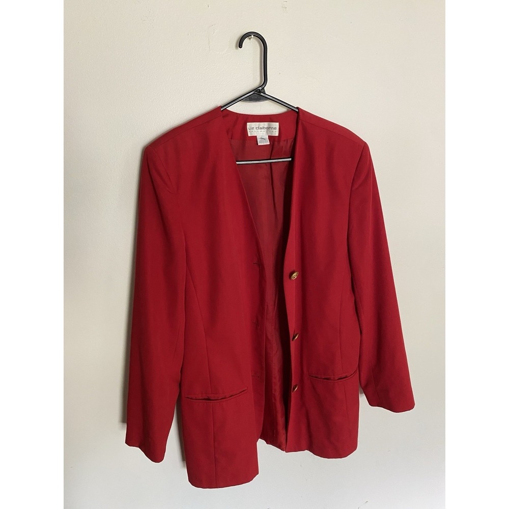 Liz Claiborne red blazer with gold buttons and pockets. Discoloration on sleeve.